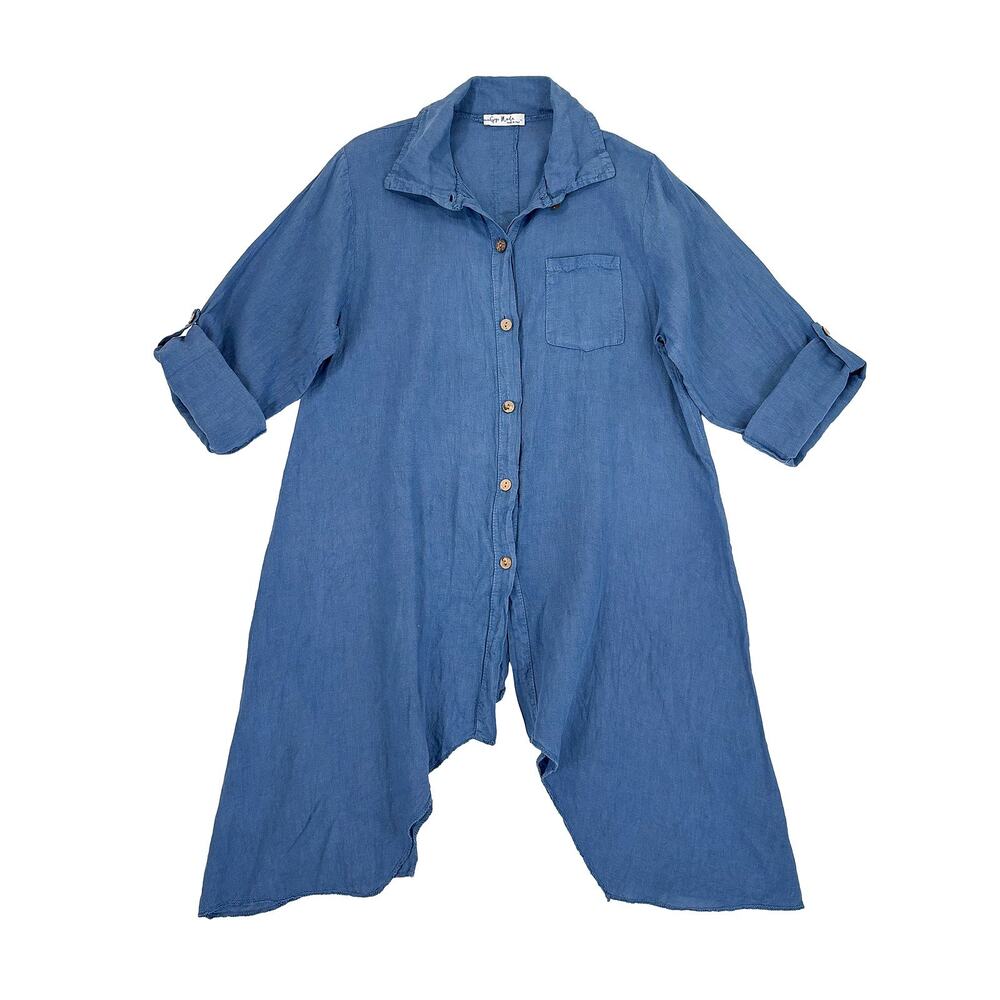 Gigi Moda Linen Button Up Tunic Womens L Blue Flowy Coastal Lagenlook Italy